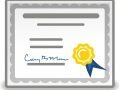 A graphic of a certificate with a yellow and blue rosette on it.